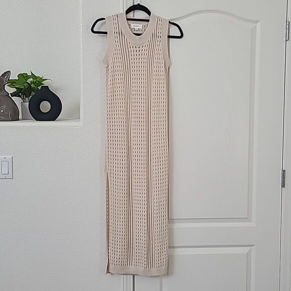 Mable Cream Sleeveless Knit Bodycon Midi Dress Swim Coverup Small Crochet Sheer - Picture 1 of 5